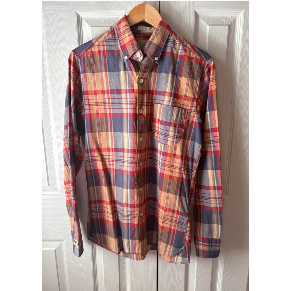 🆕 J. Crew Orange Plaid 100% Cotton‎ Shirting Slim Fit Button Up Shirt S